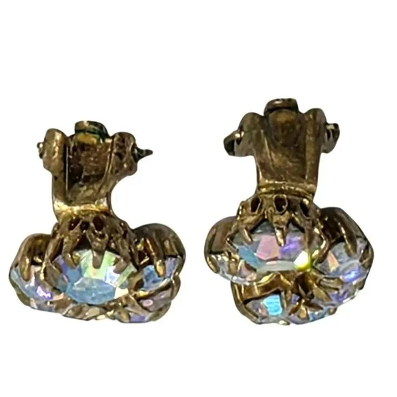 1950s Aurora Borealis Rhinestones Clip-On Earrings Drop Cluster Western Germany - Picture 4 of 10